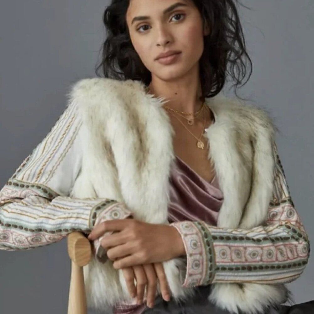 Bl^nk London x Anthropologie NWOT Embroidered Beaded Cropped Faux Fur Jacket XS